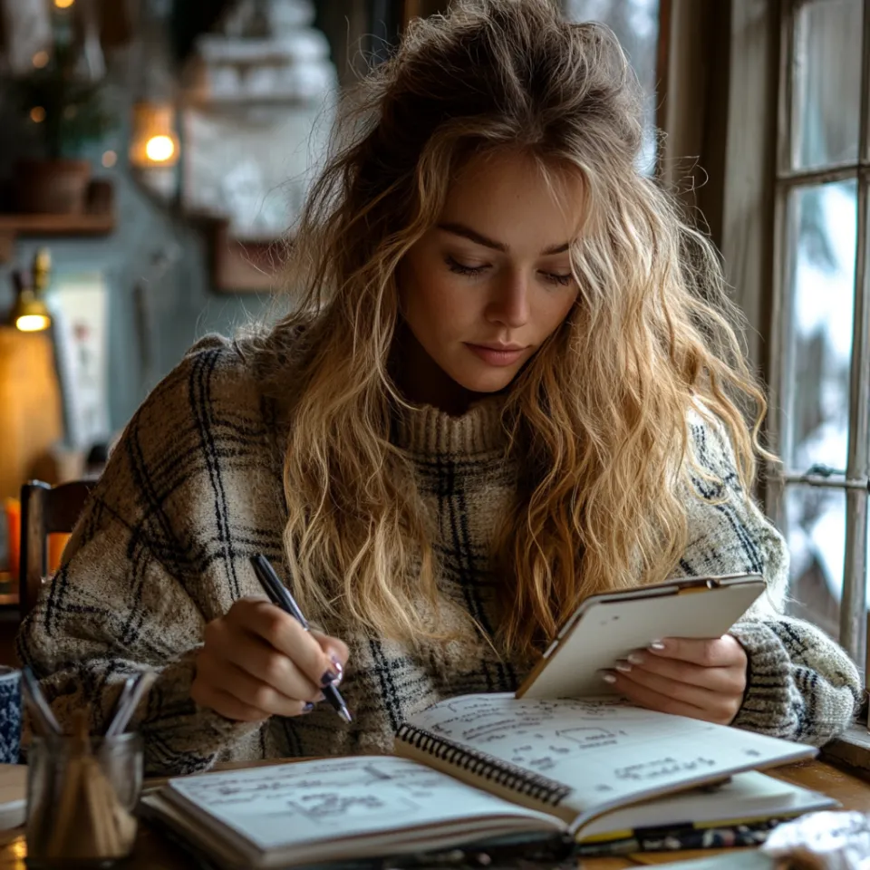 Mujer joven con libreta sonriente